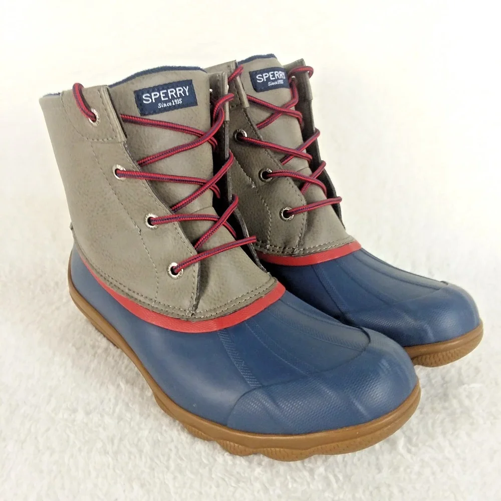 Sperry Syren Gulf Duck Rain Boots Ankle Zip Navy‎ Red Gray Women's 8 Winter Rain